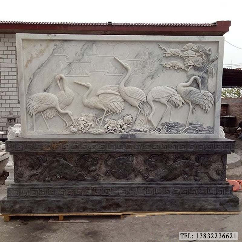 石雕九龙壁影壁墙汉白玉松鹤延年浮雕定制厂家