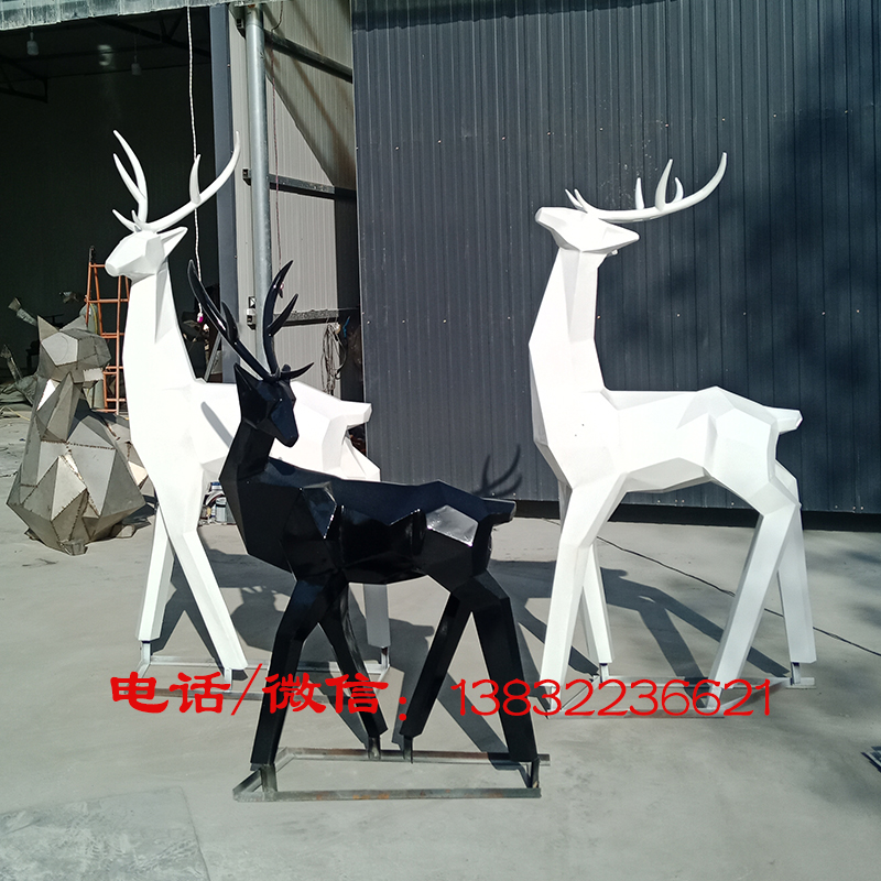 不锈钢喷漆鹿镜面彩绘切面几何母子鹿动物雕塑现代园林创意摆件
