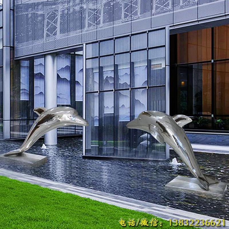 不锈钢海豚雕塑酒店园林景观动物售楼处室外镜面大型落地装饰摆件
